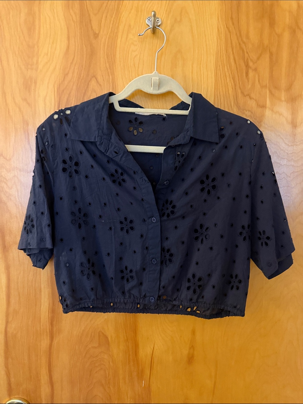 Mango Navy Eyelet Cropped Button-Down Shirt